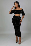 Fasheabe Sequin Matching Crop Top Midi High Waisted Skirt Set - Black by Fasheabe