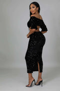 Fasheabe Sequin Matching Crop Top Midi High Waisted Skirt Set - Black by Fasheabe