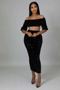Fasheabe Sequin Matching Crop Top Midi High Waisted Skirt Set - Black by Fasheabe
