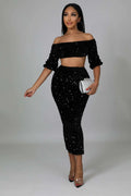 Fasheabe Sequin Matching Crop Top Midi High Waisted Skirt Set - Black by Fasheabe