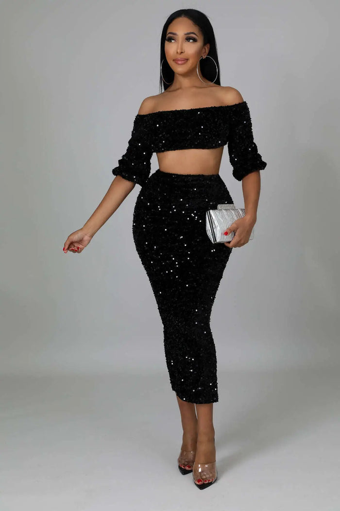 Fasheabe Sequin Matching Crop Top Midi High Waisted Skirt Set - Black by Fasheabe