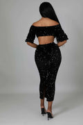 Fasheabe Sequin Matching Crop Top Midi High Waisted Skirt Set - Black by Fasheabe