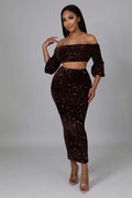 Fasheabe Sequin Matching Crop Top Midi High Waisted Skirt Set - Brown by Fasheabe