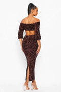 Fasheabe Sequin Matching Crop Top Midi High Waisted Skirt Set - Brown by Fasheabe