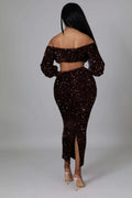 Fasheabe Sequin Matching Crop Top Midi High Waisted Skirt Set - Brown by Fasheabe