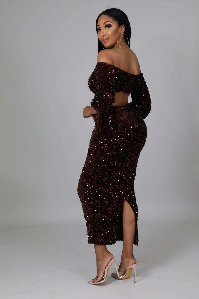 Fasheabe Sequin Matching Crop Top Midi High Waisted Skirt Set - Brown by Fasheabe