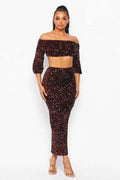 Fasheabe Sequin Matching Crop Top Midi High Waisted Skirt Set - Brown by Fasheabe