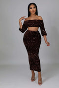 Fasheabe Sequin Matching Crop Top Midi High Waisted Skirt Set - Brown by Fasheabe