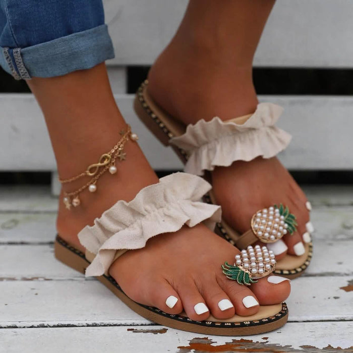 Faux Pearl & Pineapple Decor Toe Post Thong Sandals by DailySale