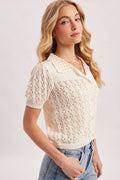 POINTELLE BUTTON DOWN SHIRT KNIT CARDIGAN: IVORY by Boutique 23