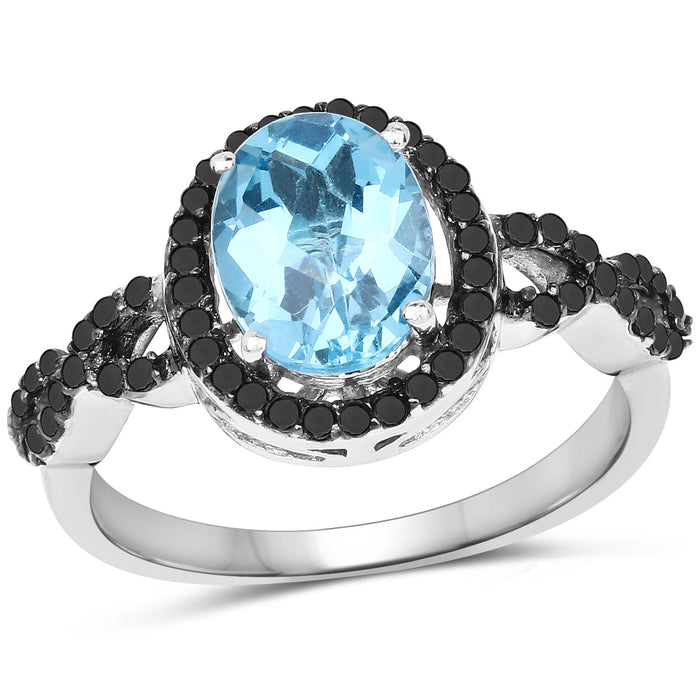 2.92 Carat Genuine Blue Topaz, Black Diamond & White Diamond .925 Sterling Silver Ring by Bids.com