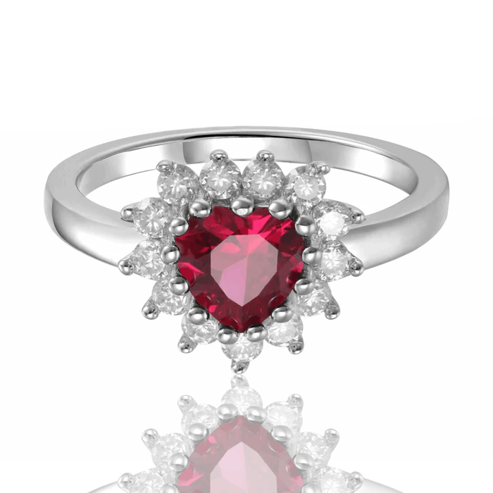 0.94 Ct Heart Red Lab Created Ruby Prong Silver Halo Ring by Fine Color Jewels