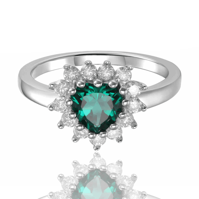 0.93 Ct Heart Green Created Emerald and White Topaz Prong Silver Floral Halo Ring by Fine Color Jewels