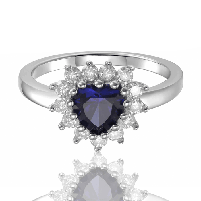 1.22 Heart Created Blue Sapphire and White Topaz Halo Ring by Fine Color Jewels