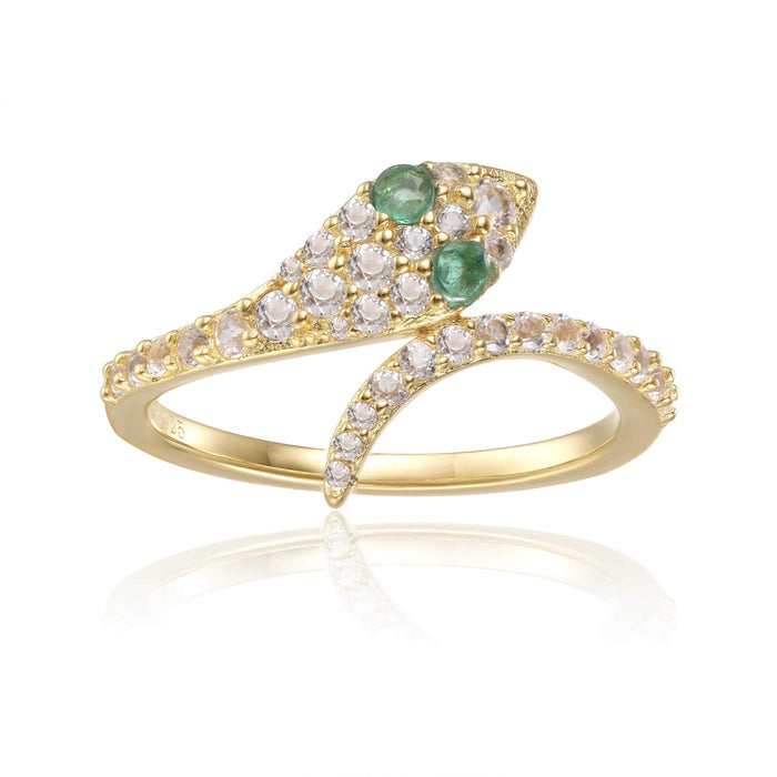 Round Green Emerald Prong Yellow Gold Over Silver Snake Bypass Ring by Fine Color Jewels