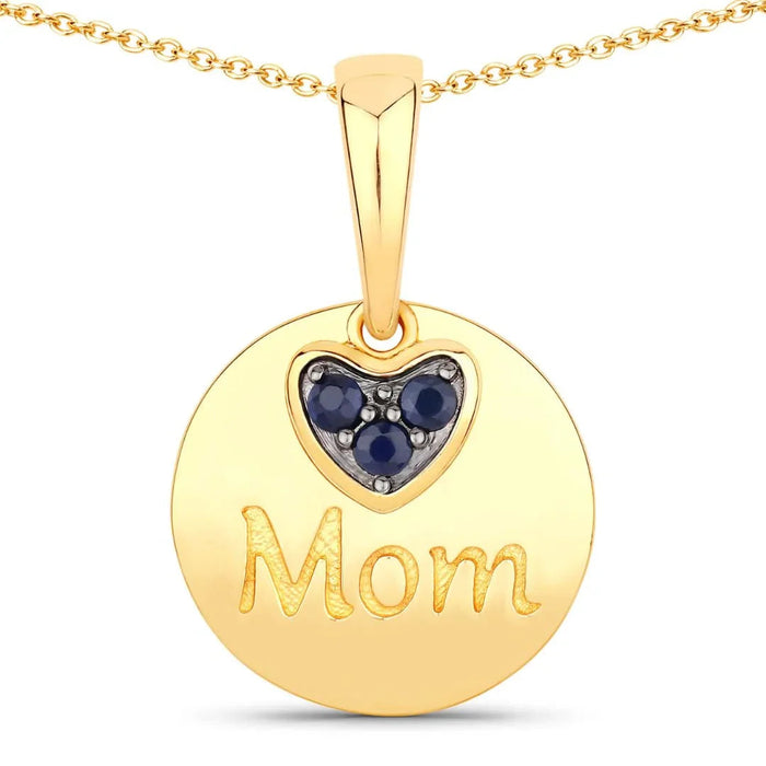 Round Blue Sapphire Prong Gold Plated Silver Mom Heart Pendant Necklace by Fine Color Jewels