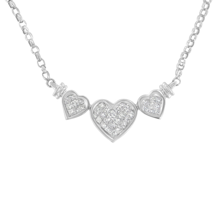 14K White Gold 1.0 Cttw Princess Cut Diamond Three Heart 18" Statement Pendant Necklace (H-I Color, SI2-I1 Clarity) by Bids.com