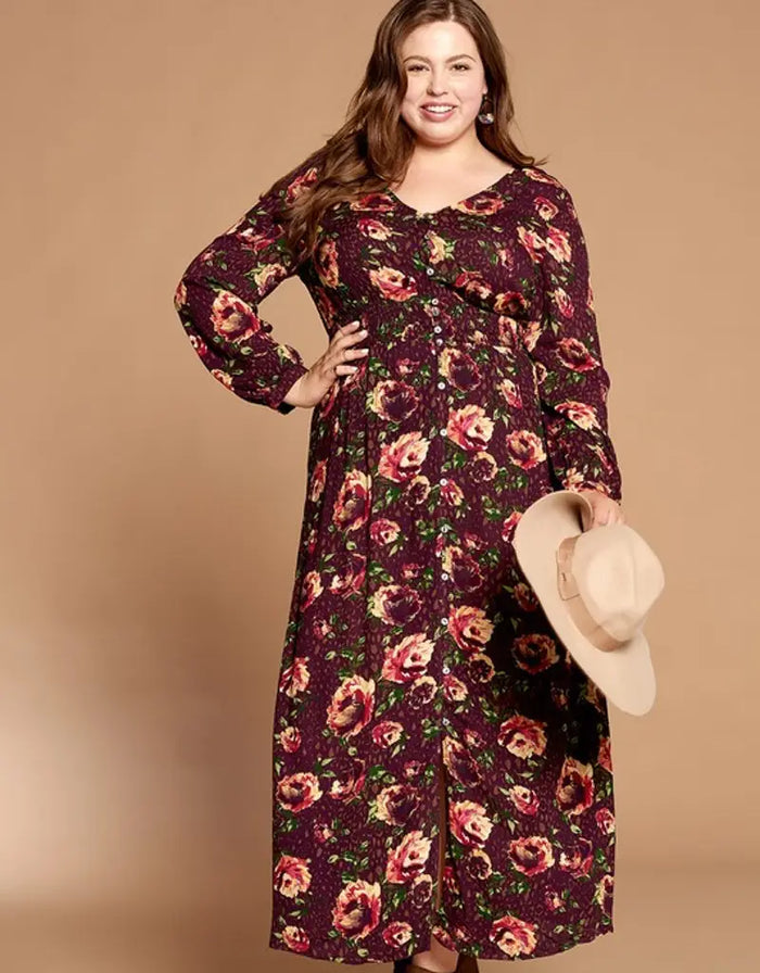 Floral Button-Down Maxi Dress - Burgundy by Boutique 23