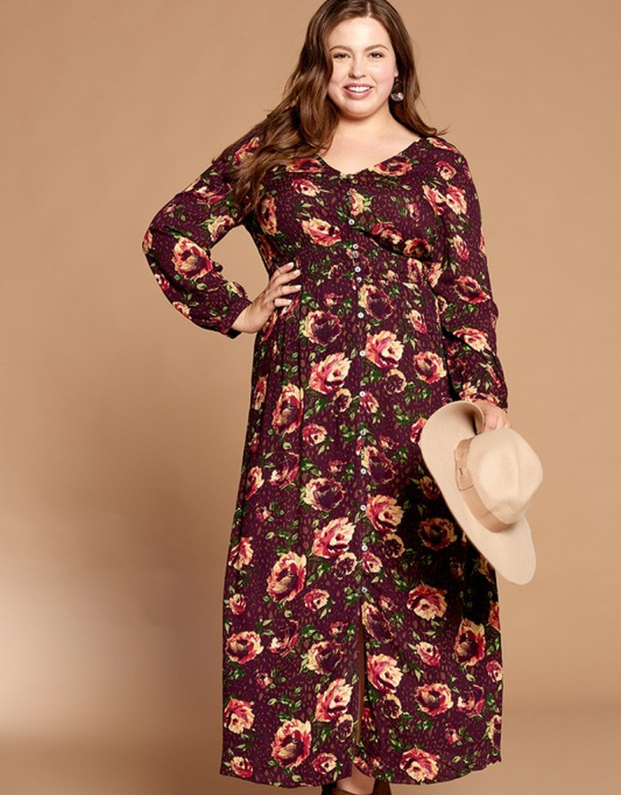 Floral Button-Down Maxi Dress - Burgundy by Boutique 23