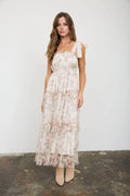 FLORAL CHIFFON TIE STRAP RUFFLED TIERED MIDI DRESS: OATMEAL MULTI by Boutique 23