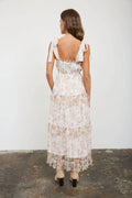 FLORAL CHIFFON TIE STRAP RUFFLED TIERED MIDI DRESS: OATMEAL MULTI by Boutique 23