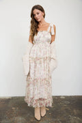 FLORAL CHIFFON TIE STRAP RUFFLED TIERED MIDI DRESS: OATMEAL MULTI by Boutique 23