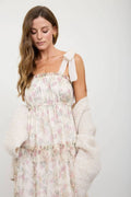 FLORAL CHIFFON TIE STRAP RUFFLED TIERED MIDI DRESS: OATMEAL MULTI by Boutique 23