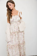 FLORAL CHIFFON TIE STRAP RUFFLED TIERED MIDI DRESS: OATMEAL MULTI by Boutique 23