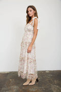 FLORAL CHIFFON TIE STRAP RUFFLED TIERED MIDI DRESS: OATMEAL MULTI by Boutique 23