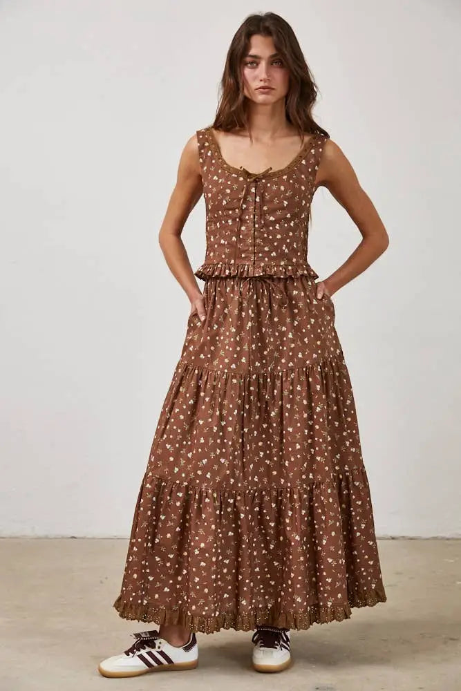 Floral Lace Trim Front Tie Top & Skirt Set by Boutique 23