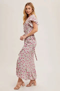 Floral Print Ruffle Hem Wrap Maxi Dress - Rose by Boutique 23