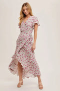 Floral Print Ruffle Hem Wrap Maxi Dress - Rose by Boutique 23
