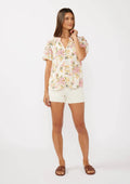 Floral Puff Sleeve Button-Down Top: Natural/Dusty Pink by Boutique 23