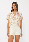 Floral Puff Sleeve Button-Down Top: Natural/Dusty Pink by Boutique 23