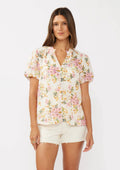 Floral Puff Sleeve Button-Down Top: Natural/Dusty Pink by Boutique 23