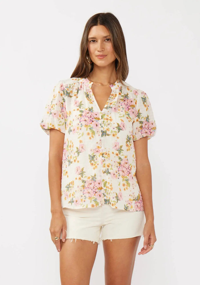 Floral Puff Sleeve Button-Down Top: Natural/Dusty Pink by Boutique 23
