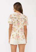 Floral Puff Sleeve Button-Down Top: Natural/Dusty Pink by Boutique 23