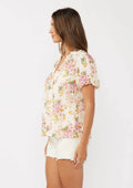 Floral Puff Sleeve Button-Down Top: Natural/Dusty Pink by Boutique 23