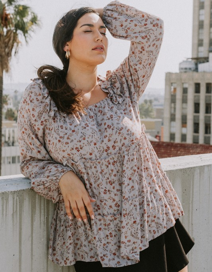 Floral Tiered Woven Top - Earl Grey by Boutique 23