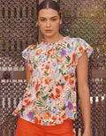 Flutter Sleeve Floral Print Blouse - Red by Boutique 23