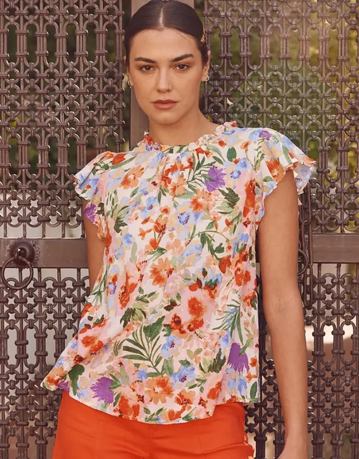 Flutter Sleeve Floral Print Blouse - Red by Boutique 23