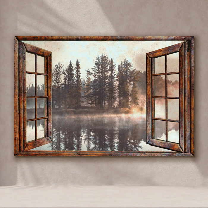 Foggy Autumn Lake View By The Window Canvas Wall Art by Tailored Canvases