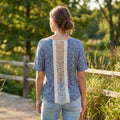 Spoiled Blouse Short Sleeve, Blue, Crocheted Back, Large by Vanessa Jane