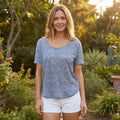 Spoiled Blouse Short Sleeve, Blue, Crocheted Back, Large by Vanessa Jane
