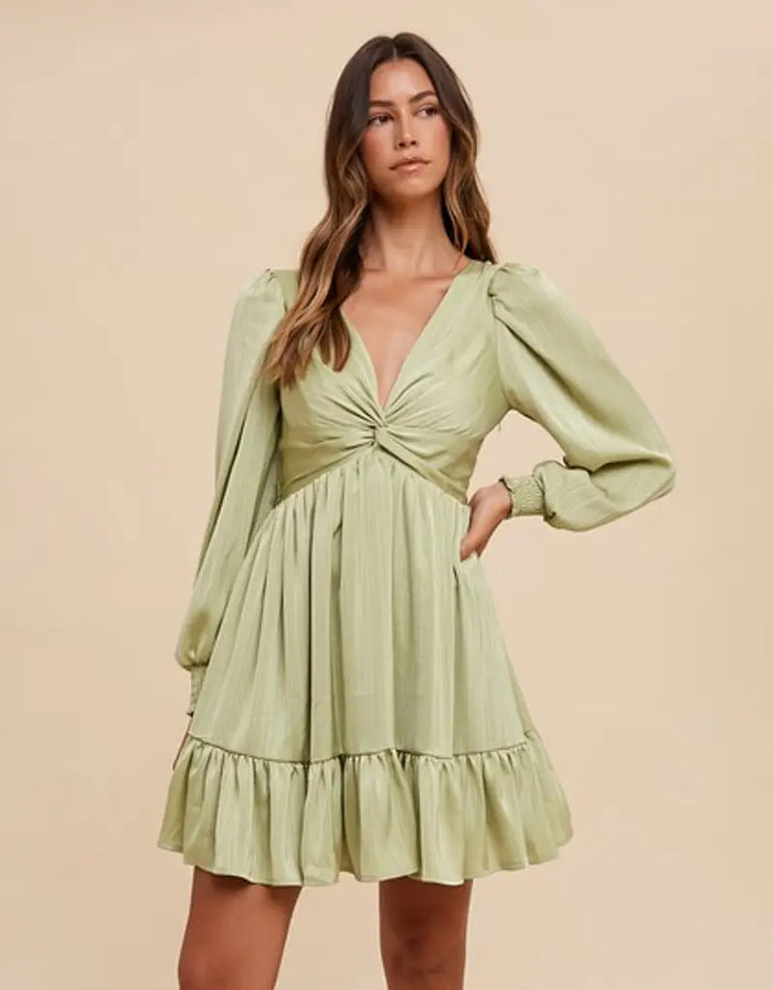 Front Twisted Satin Mini Dress - Pistachio by Boutique 23