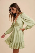 Front Twisted Satin Mini Dress - Pistachio by Boutique 23