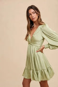 Front Twisted Satin Mini Dress - Pistachio by Boutique 23