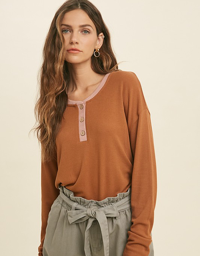 Contrast Button Up Knit Top by Boutique 23