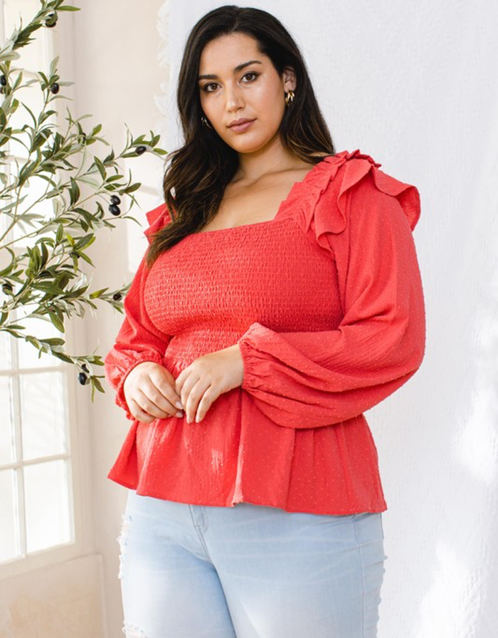 Textured Dot Fabric Ruffle Smocked Blouse - Deep Coral by Boutique 23