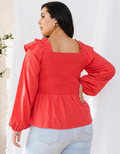 Textured Dot Fabric Ruffle Smocked Blouse - Deep Coral by Boutique 23